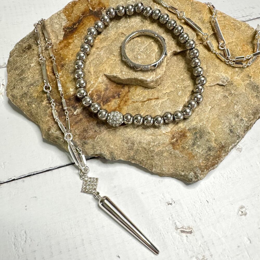Silver Tone Pave Jewelry Set Stella & Dot Bianca Necklace Stretch Bracelet Ring